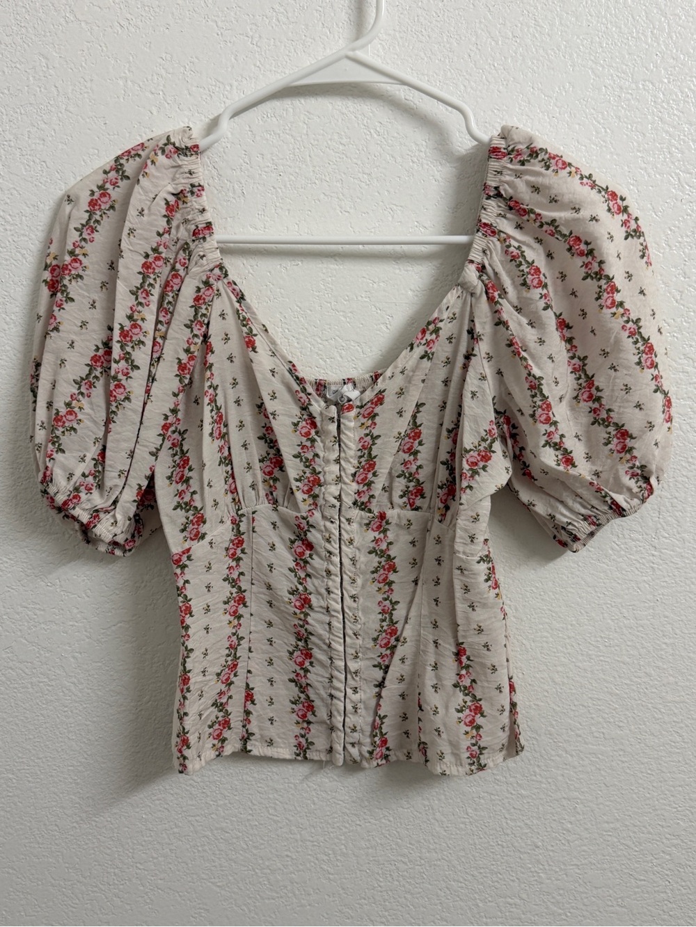 Floral Puff-Sleeve Peasant Top - Cream with Pink Rose Print